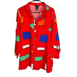 Ali Miles Red Geometric Abstract Button Front‎ Tunic Wired Collar Art to Wear XL